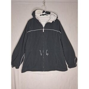 Women's Hooded Full Zip Jacket Gray White Lightweight Windbreaker L XL